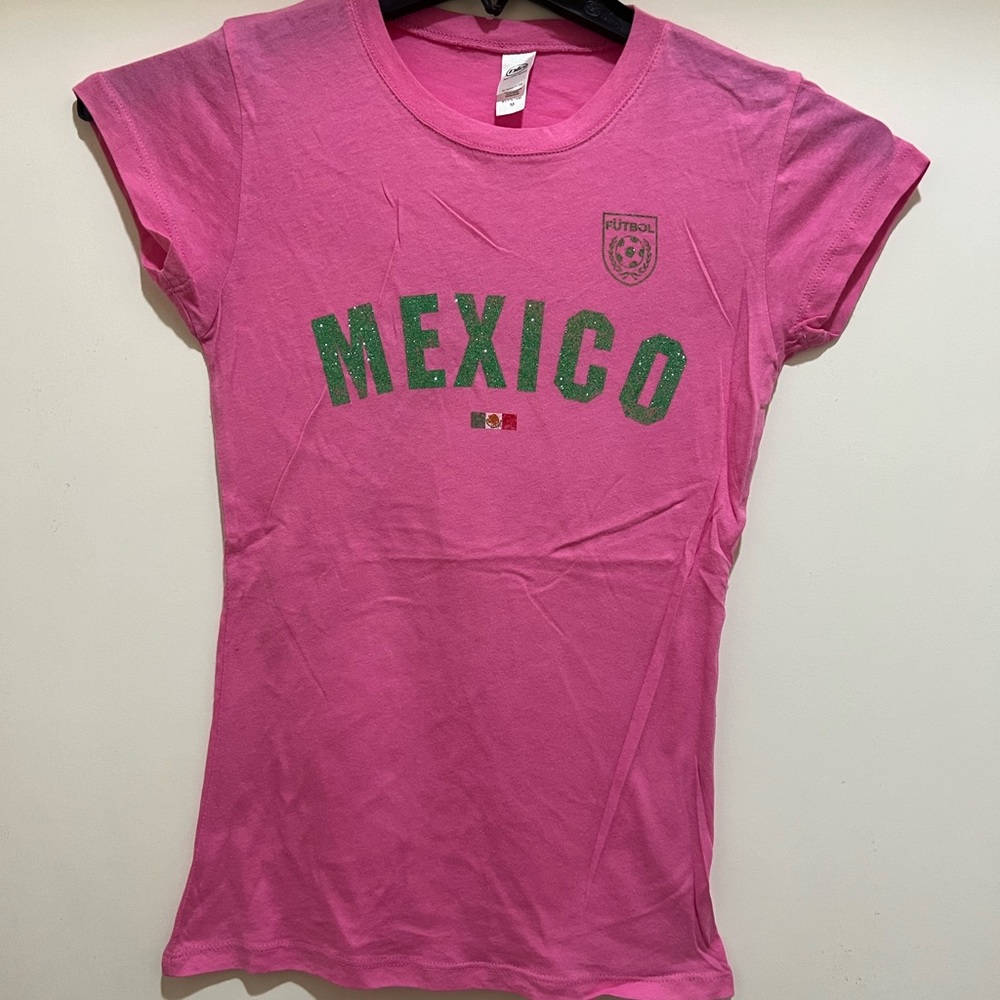 MEXICO Woman FUTBOL T-Shirt, Pink Color Shirt MEXICO Screen Print with Glitter